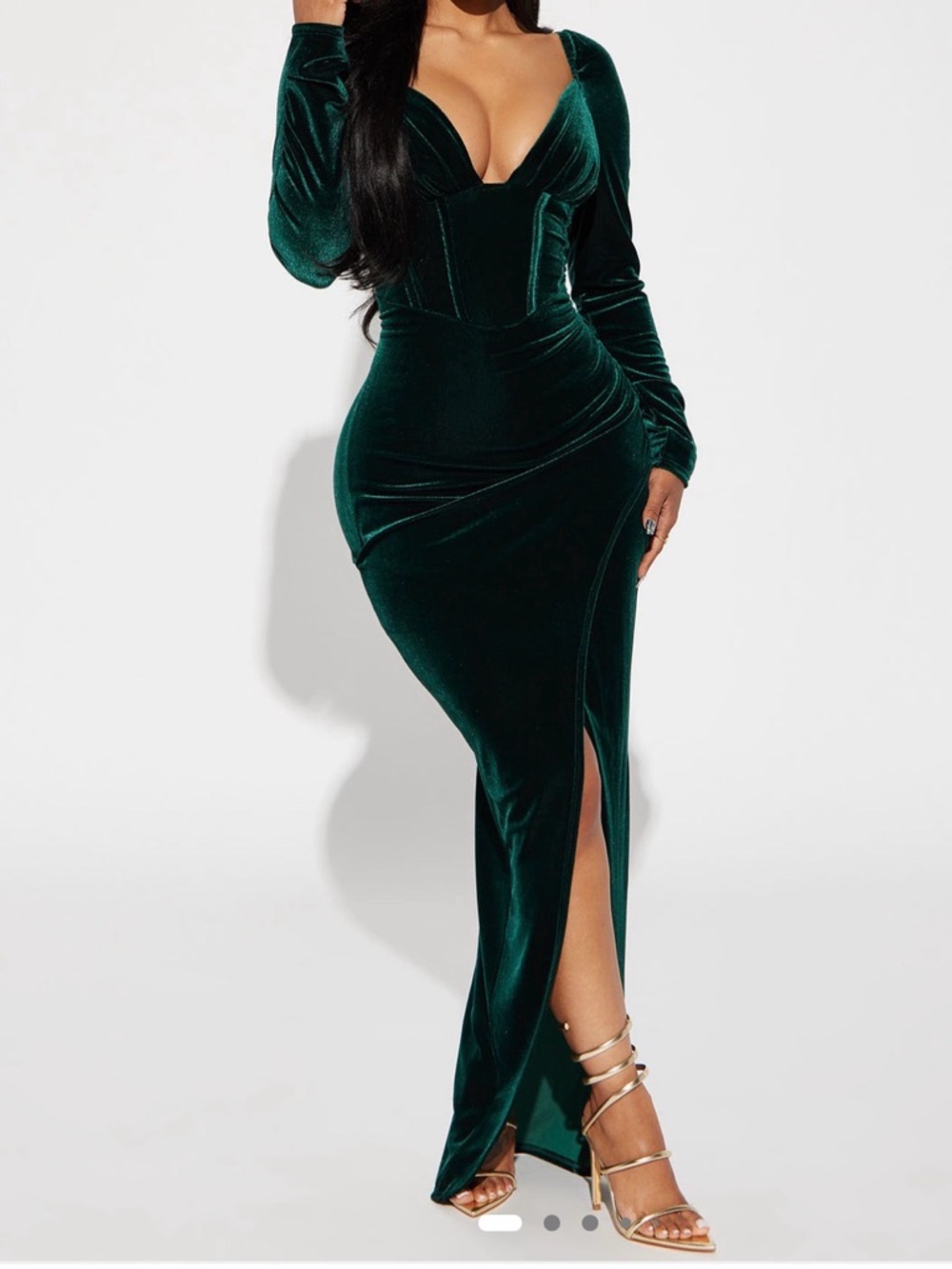Fashion Nova Dark Green Velvet Long Sleeve Dress